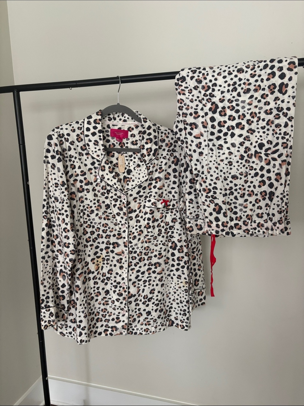 Victoria's Secret White Leopard-Print Pajama Set with Black Piping